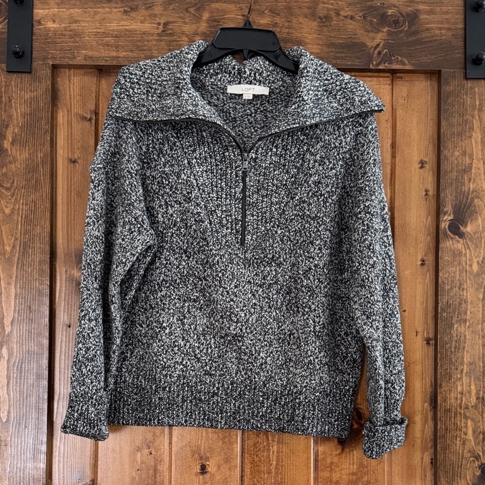 LOFT Black and Grey Marled Half-Zip Pullover
